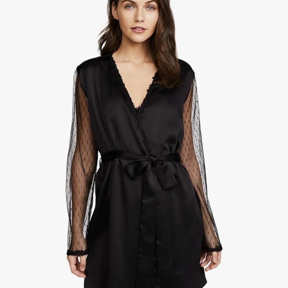 Flora Nikrooz Black Satin Robe with Sheer Dotted Mesh Sleeves Showstopper Robe